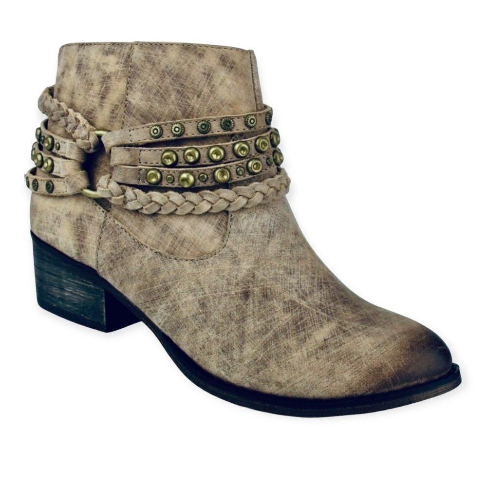 Western Leather Textured Multi Brass Studded Straps Boots by Naughty Monkey NEW